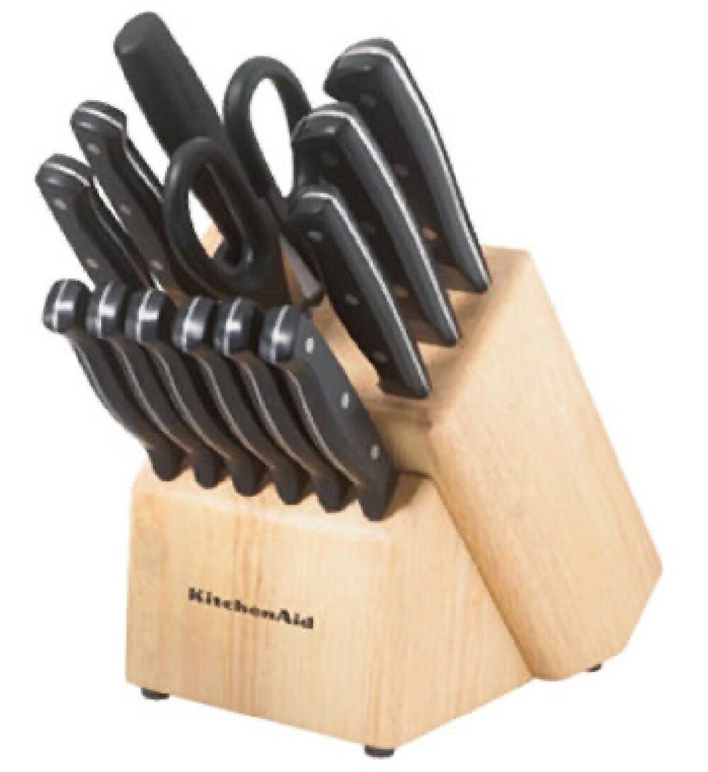 KitchenAid 16 Piece Knife Block Set with Built-in Sharpener Black Wood Block
